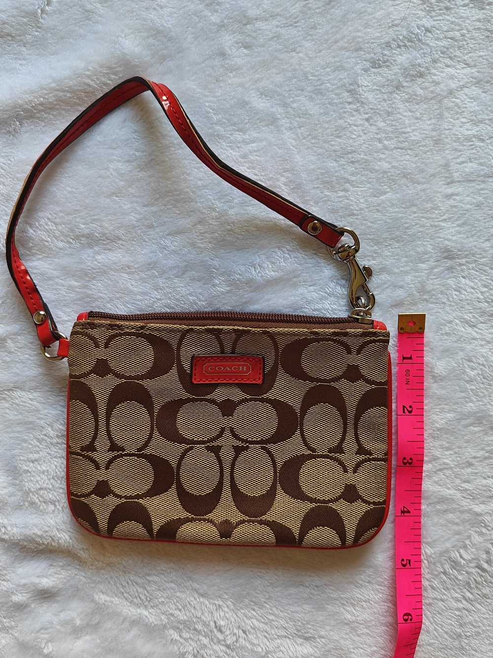 COACH Signature Canvas Wristlet in Brown with Red Trim